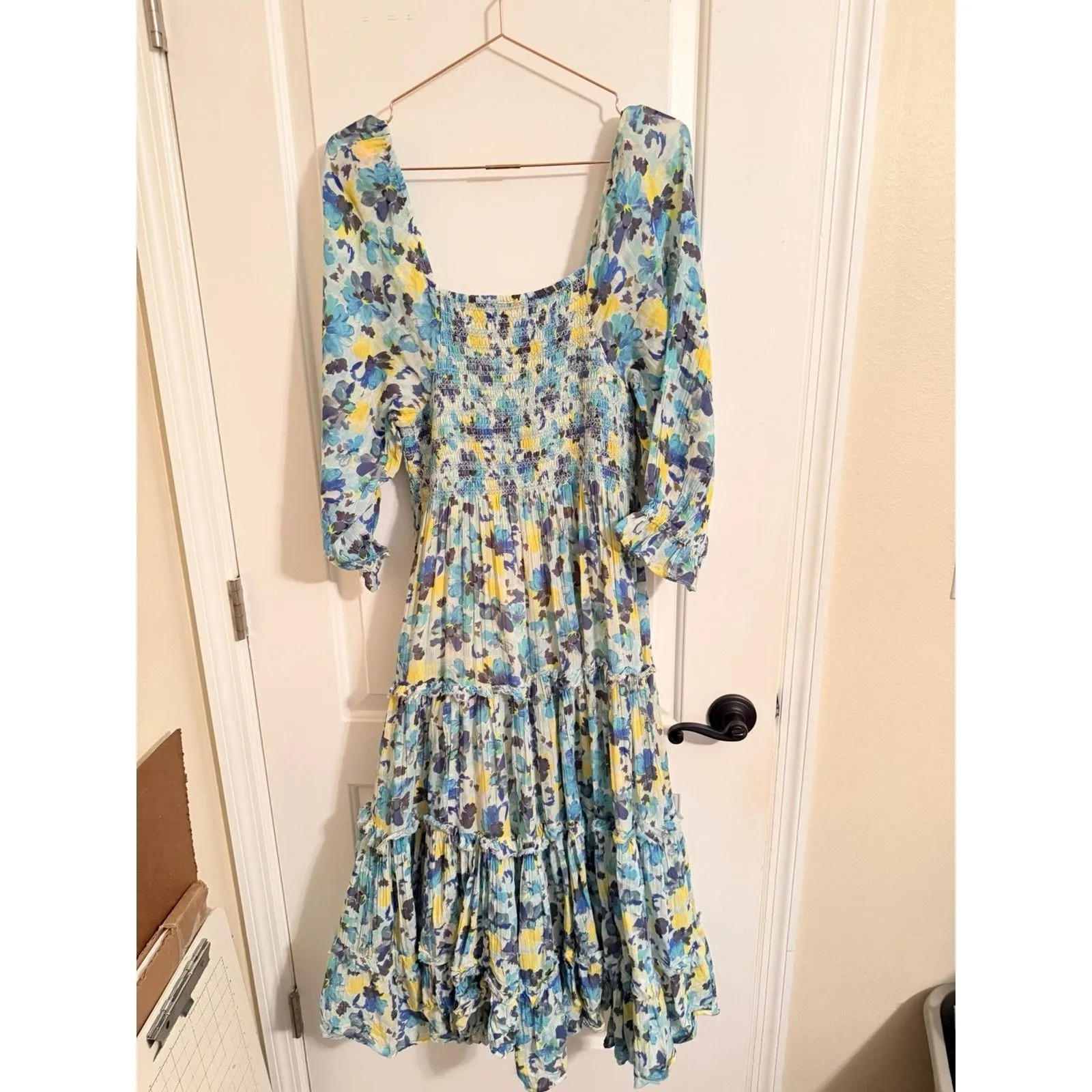LoveShackFancy Capri Midi Dress- Size L Blue Multi 3/4 Sleeves Smocked Waist - Image 10