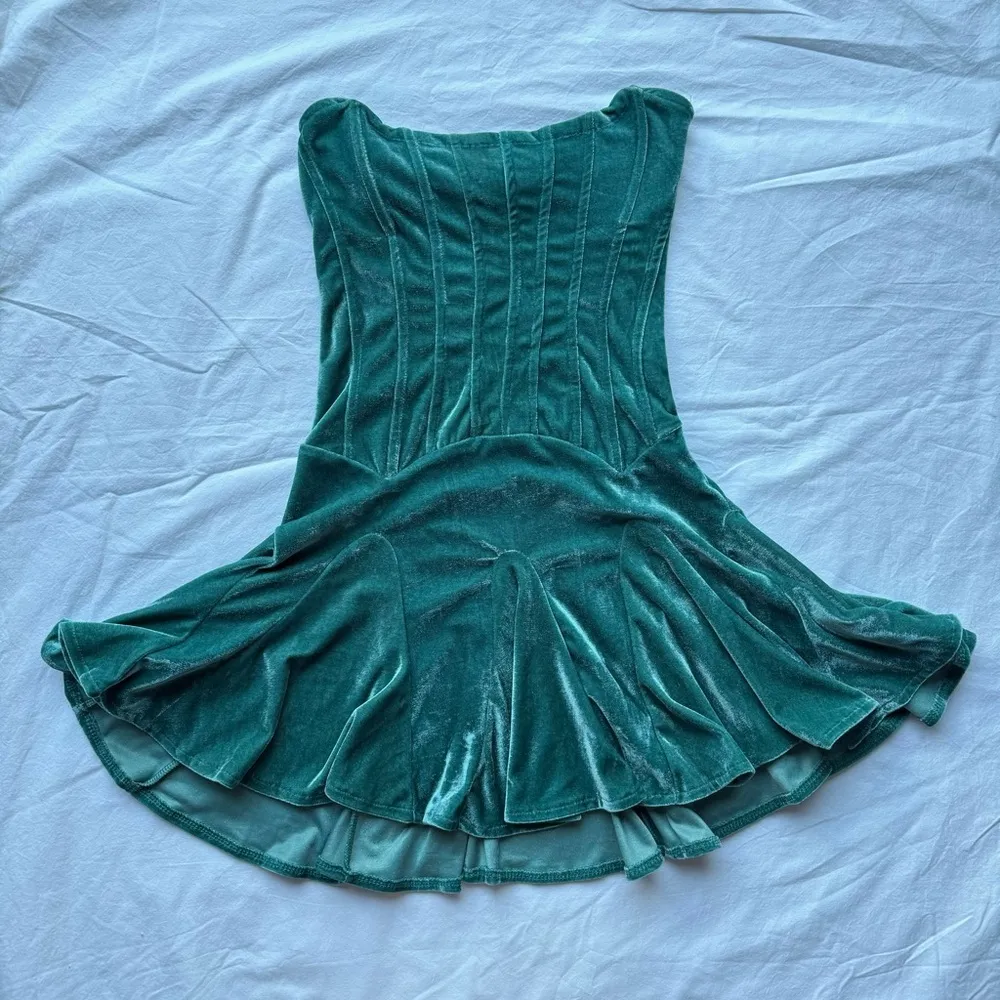 Urban Outfitters Teal Antoinette Velvet Bustier Mini Dress XS - Image 6