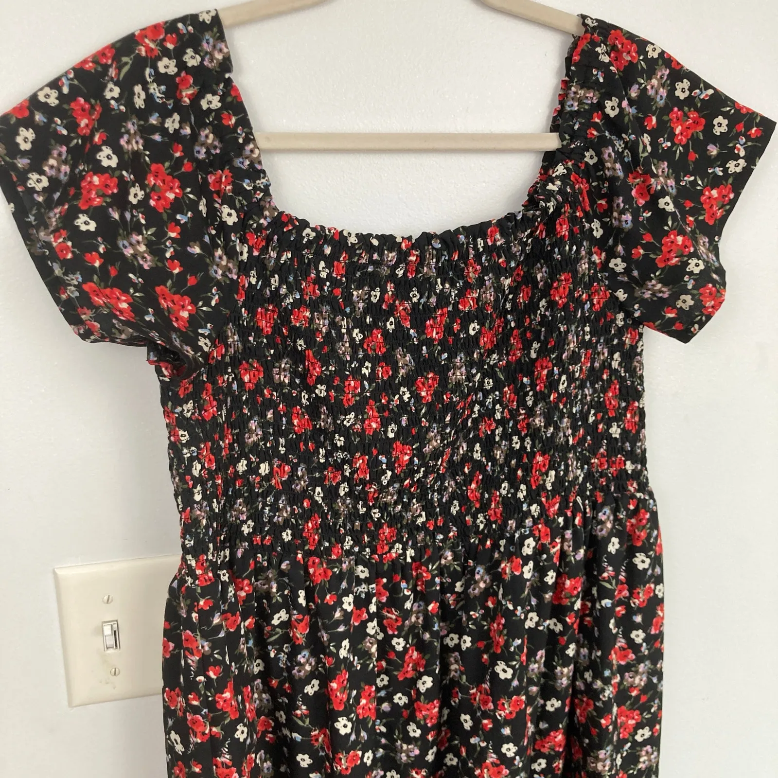 Primark Womens 14 Black Ditsy Floral Smocked Tier Dress Cottage Milkmaid Prairie - Image 3