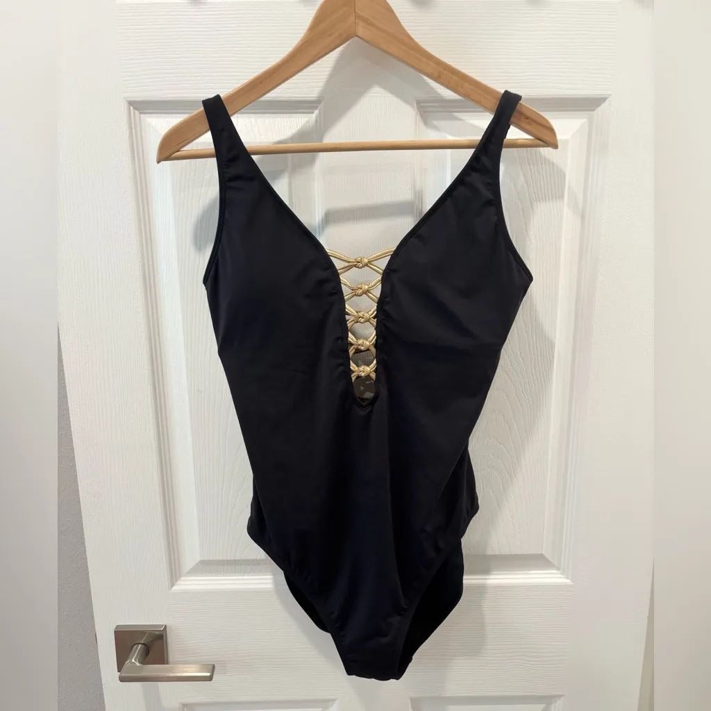 Bleu Rod Beattie Black One-Piece Swimsuit with Gold Accents size Medium - Image 5
