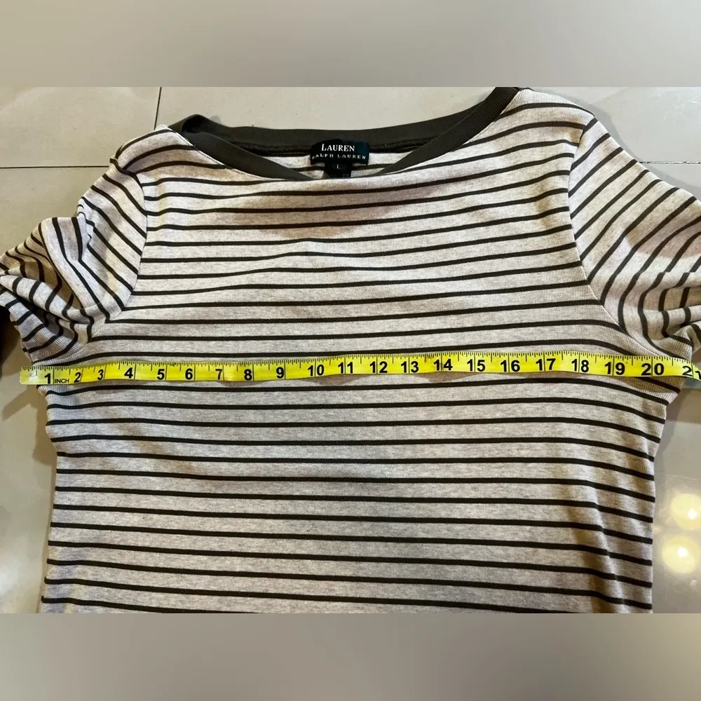 LAUREN RALPH LAUREN SWEATER TOP 3/4 SLEEVE‎ BEIGE WITH STRIPES OLIVE GREEN L - Image 8