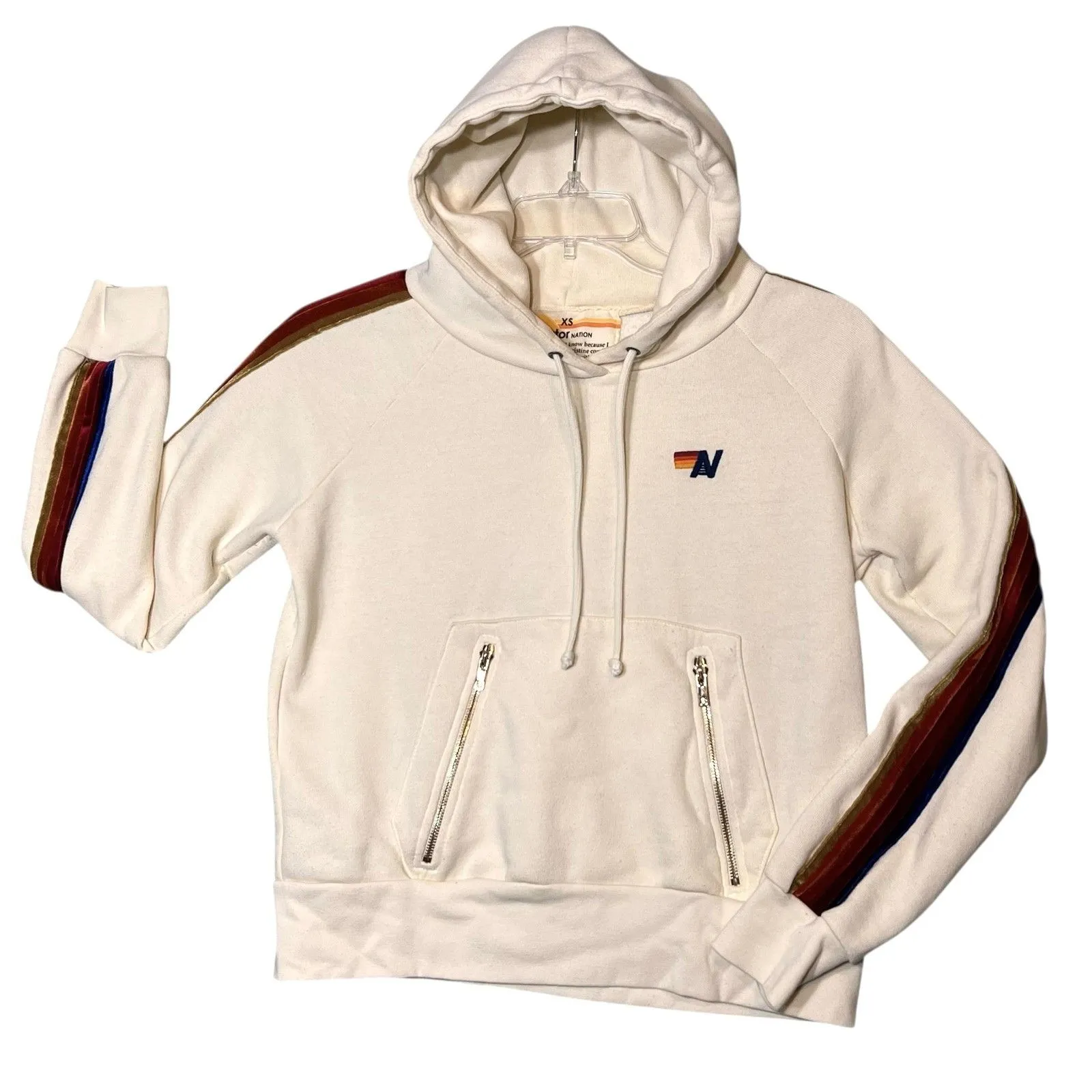 Aviator Nation Hoodie Womens XS Biege 5 Stripe Velour Pullover Zip Pockets USA - Image 2