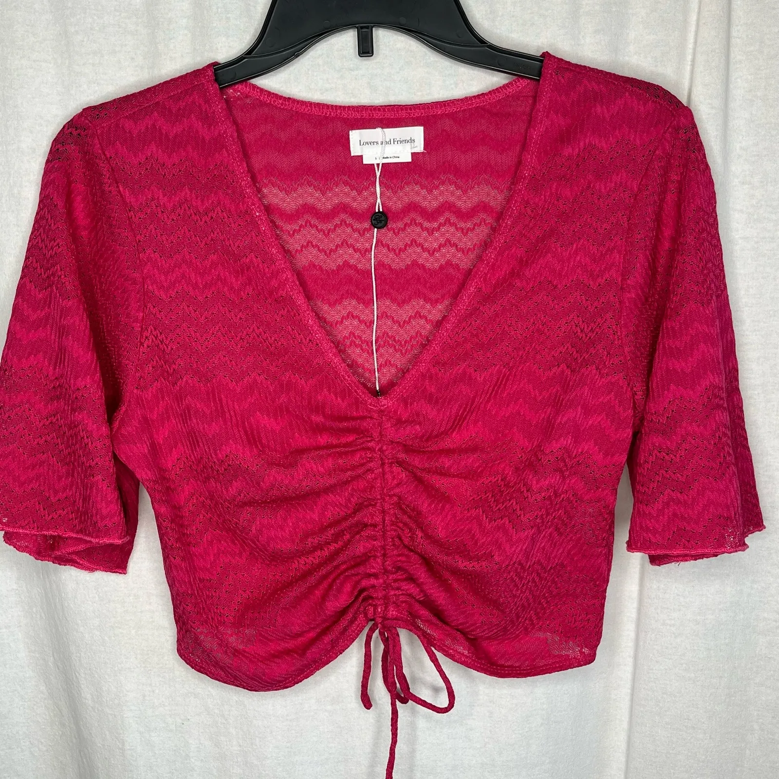 Lovers and Friends Pink Semi sheer‎ Cinch Front Crop V-Neck Shirt Size Small - Image 3