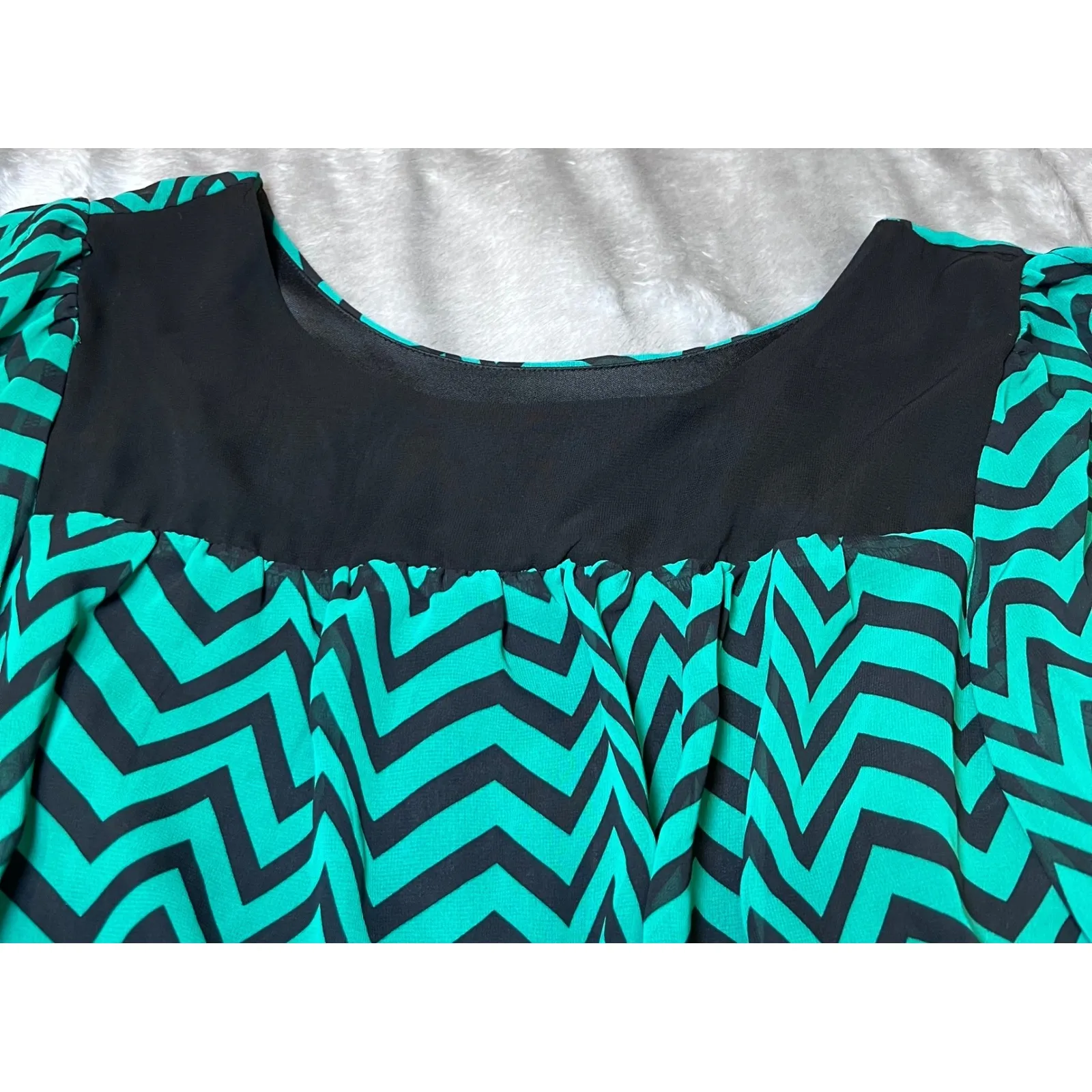 Enfocus Midi Dress Womens 6P Petites Black Teal Chevron Print Slit Sleeve Boho - Image 6