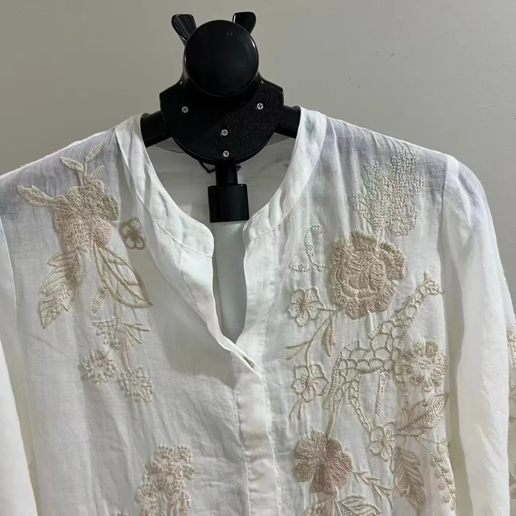 NWOT Johnny Was Embroidered Floral Cream Cotton Button Tunic Blouse Size S - Image 3