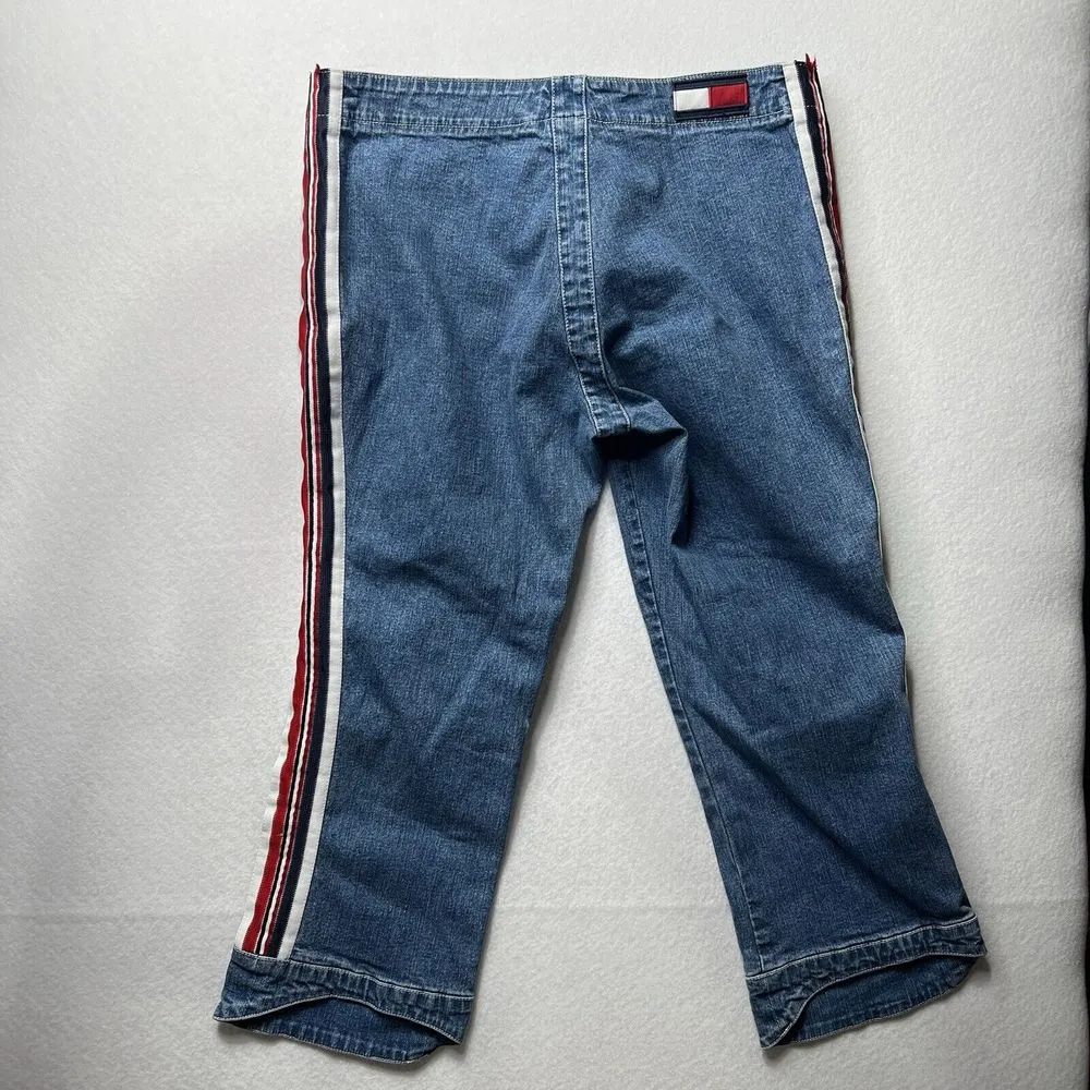 Tommy Jeans Y2K Lace‎ Up Denim Capri Pants Size 11 Blue Red White Stripe Vintage - Image 2