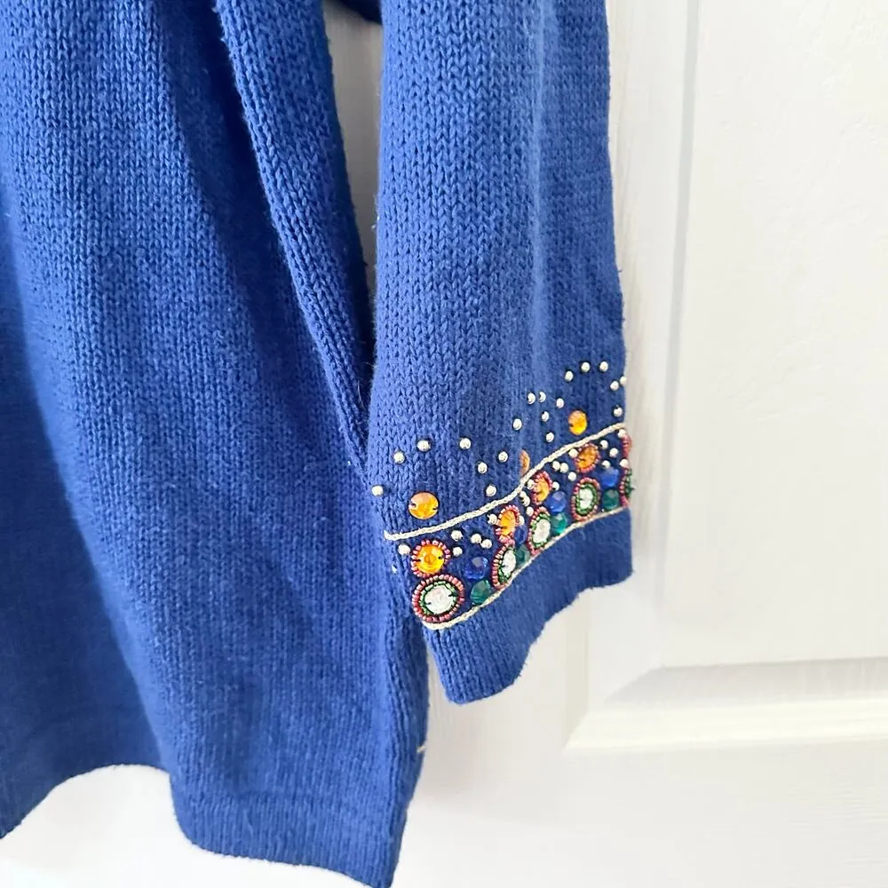 Western Connection Vintage Blue Cotton Ramie Embellished 80s Knit Sweater Large - Image 11