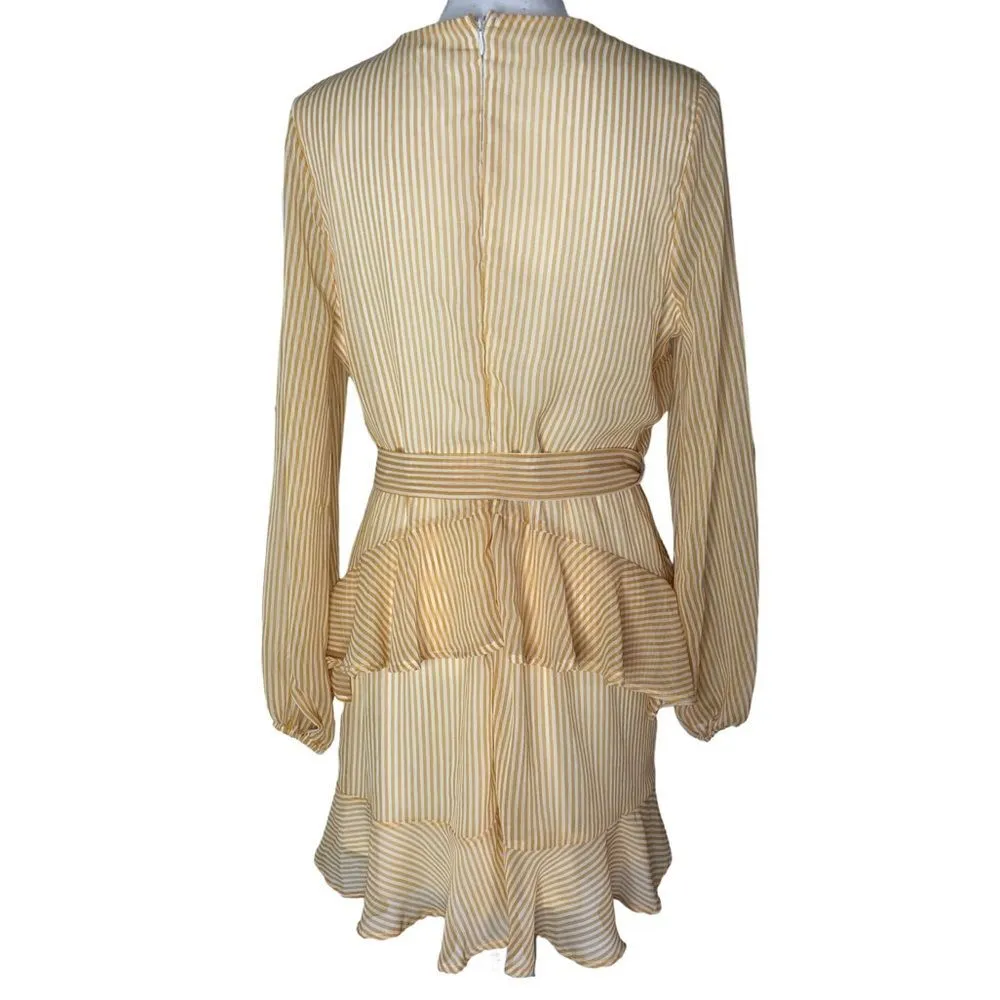 Leith White Mustard Yellow Striped Long Sleeve Belted Frilly Midi Dress - Image 4