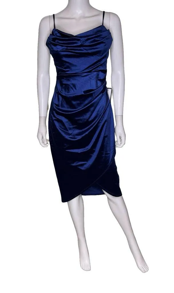 Emerald Sundae Juniors' Draped Sleeveless Satin Bodycon Dress Blue Sz L - Image 2
