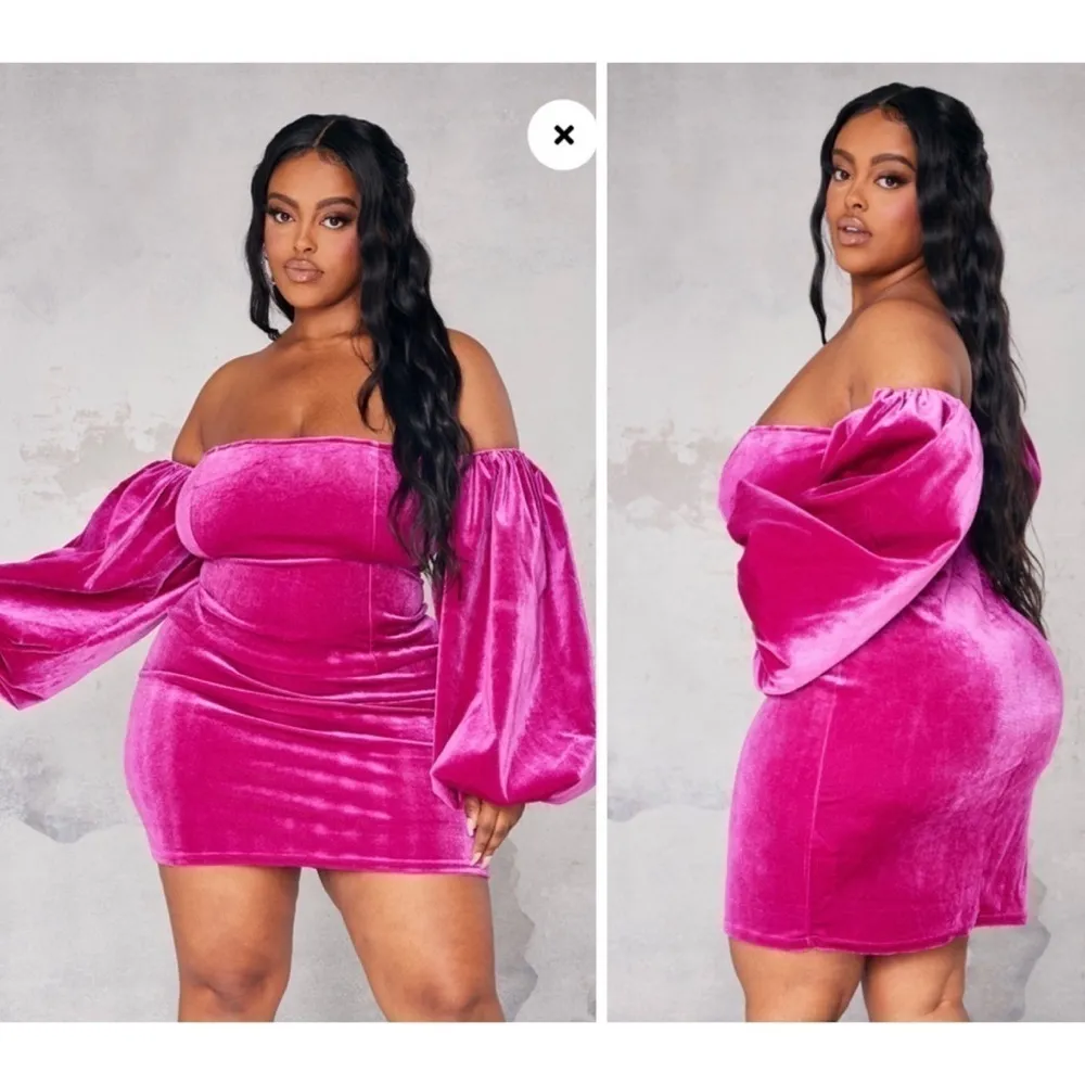 Pretty Little Thing Fuchsia Pink Velvet Puff Sleeve Bodycon Mini Dress XL 14 - Image 3