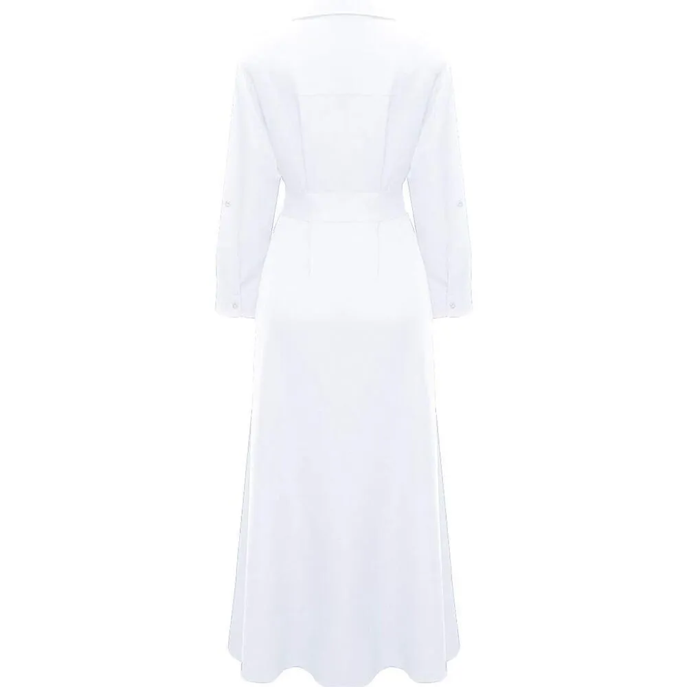NEW Long Sleeve Maxi Dress Button Down Up Shirt Dress Pockets M NO BELT White Size M - Image 6
