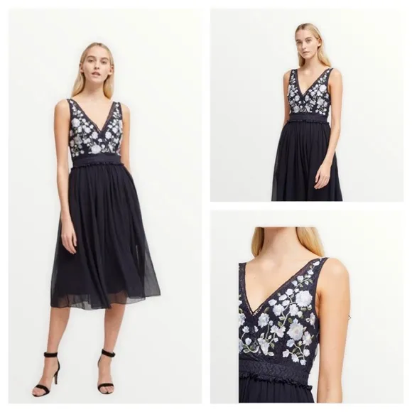 NWT French Connection Abriana Embroidered V Neck Black Dress 6 - Image 2