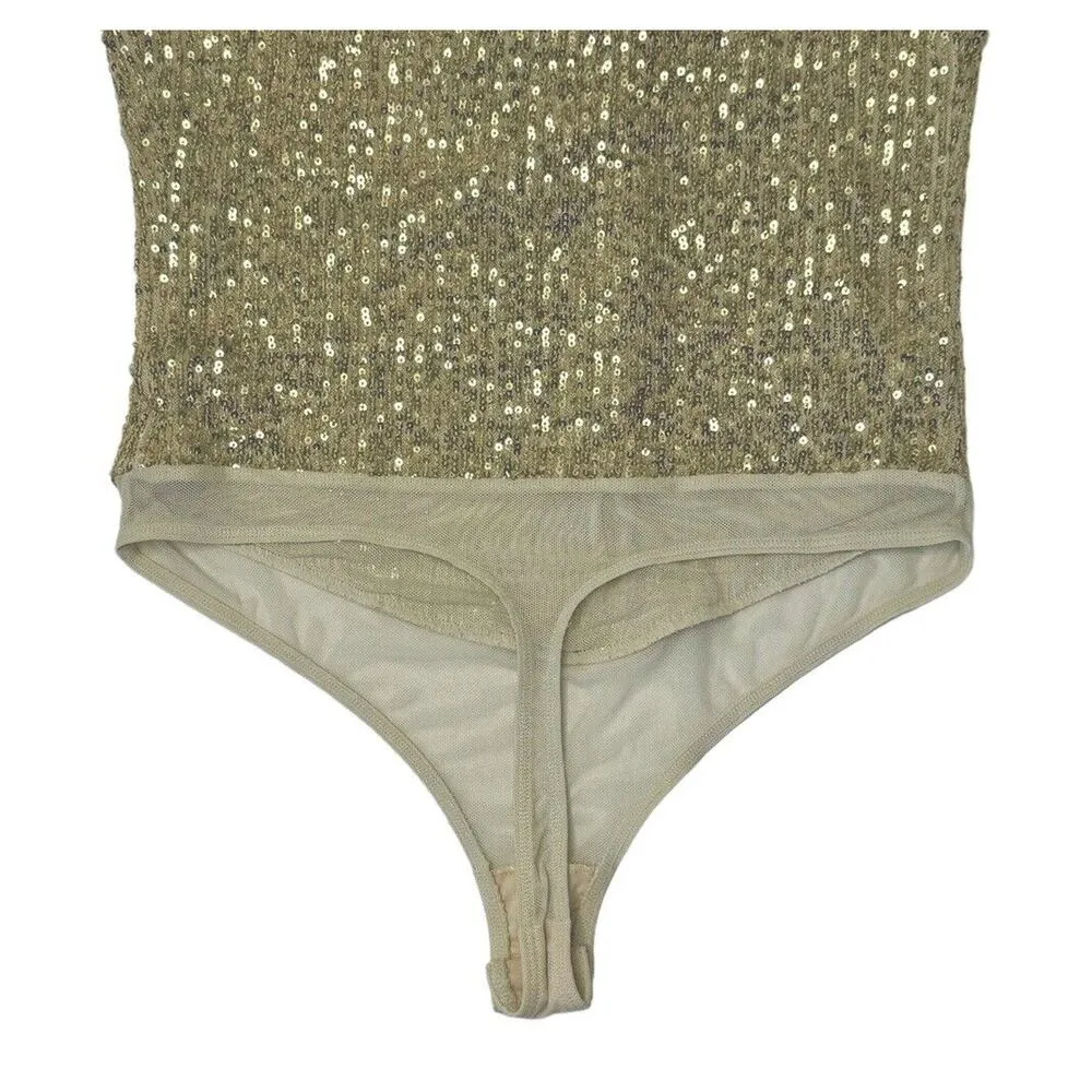 INTIMATELY FREE PEOPLE Sparks Fly Iridescent Gold Shimmery Sequin Bodysuit Sz M - Image 9