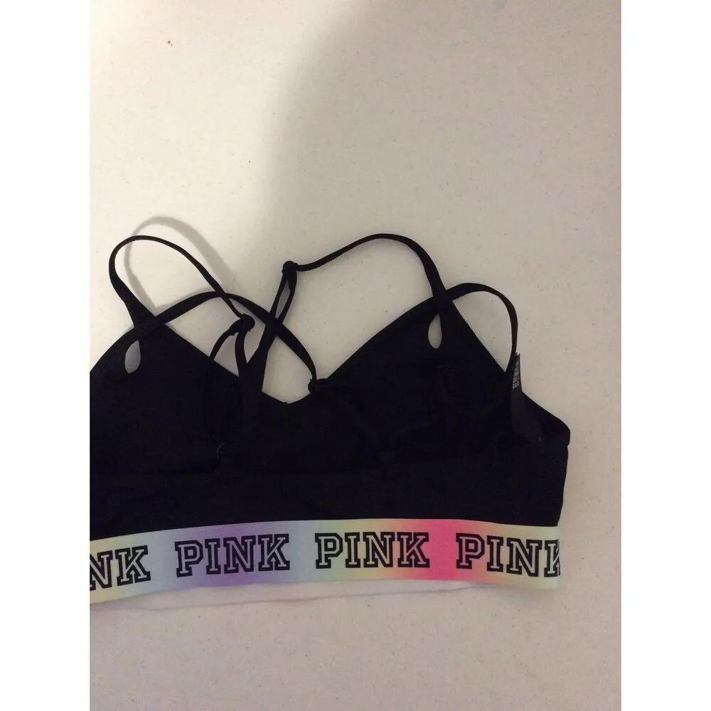 Victoria's Secret PINK Sports Bra Criss Cross Back Small Black Rainbow Band - Image 4
