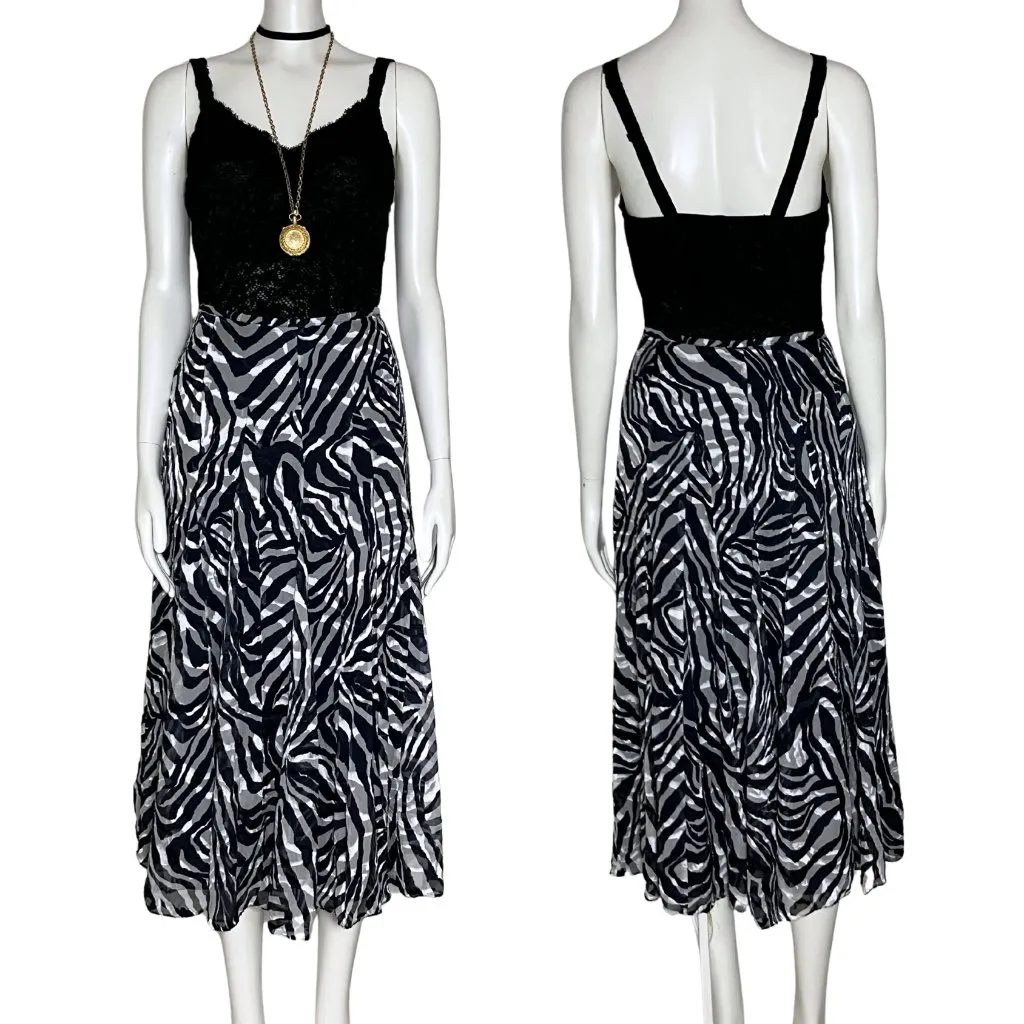 Navy Blue Zebra Print Silk Blend A Line Meurice Midi Skirt. Small 6. Boho Flowy - Image 10