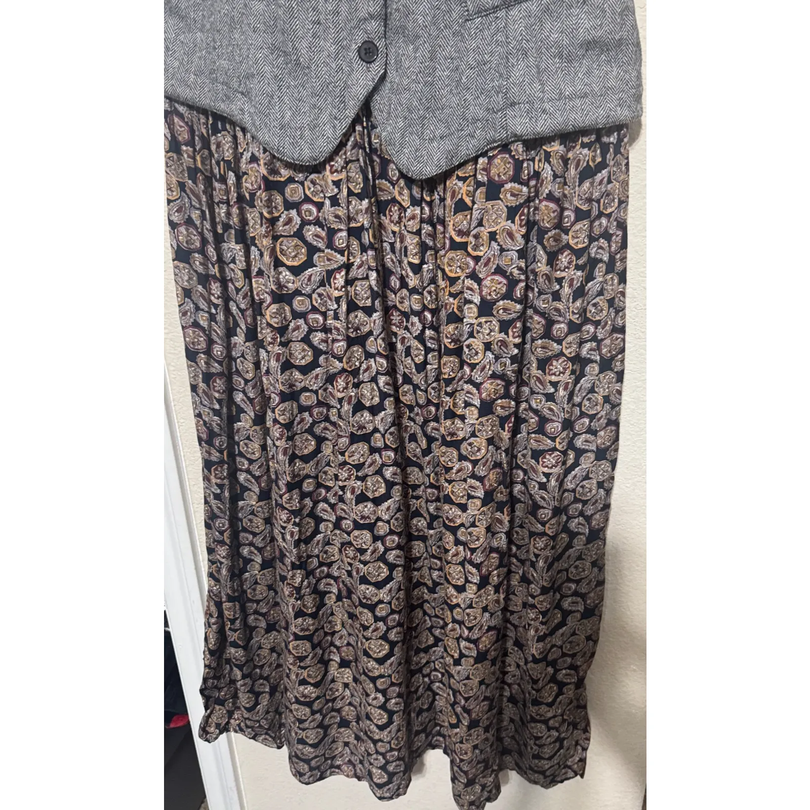 VTG 90s CJW Wool Dress Herringbone Vest Paisley Prairie Academia Teacher sz S Black - Image 4