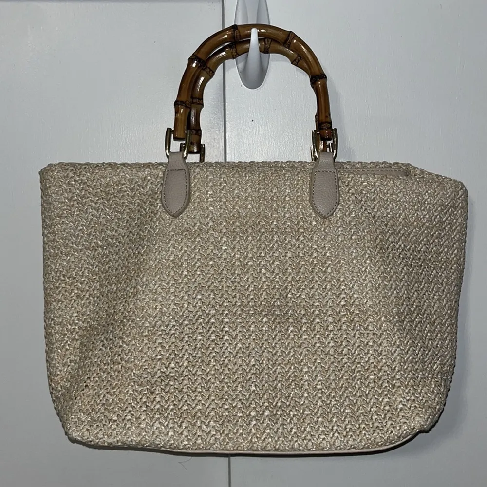 Isla Tote Bag Vegan Straw & Bamboo Handles Ivory Cream Purse Crossbody - Image 3