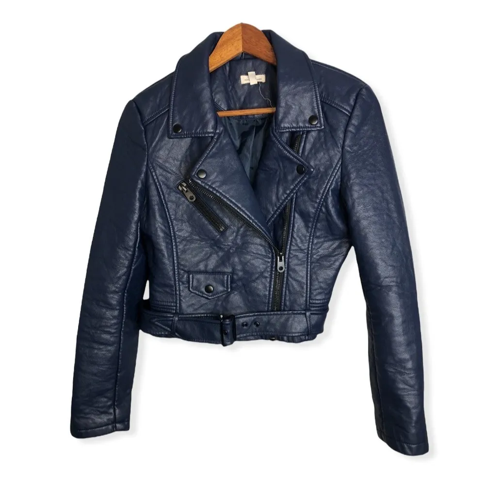 Silence+Noise Eva Vegan Leather Pebbled Moto Jacket in Navy Blue - Image 63