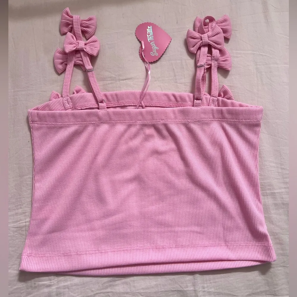 Sugar Thrillz Pink Ribbed Top with Bow Straps Size L - Image 3