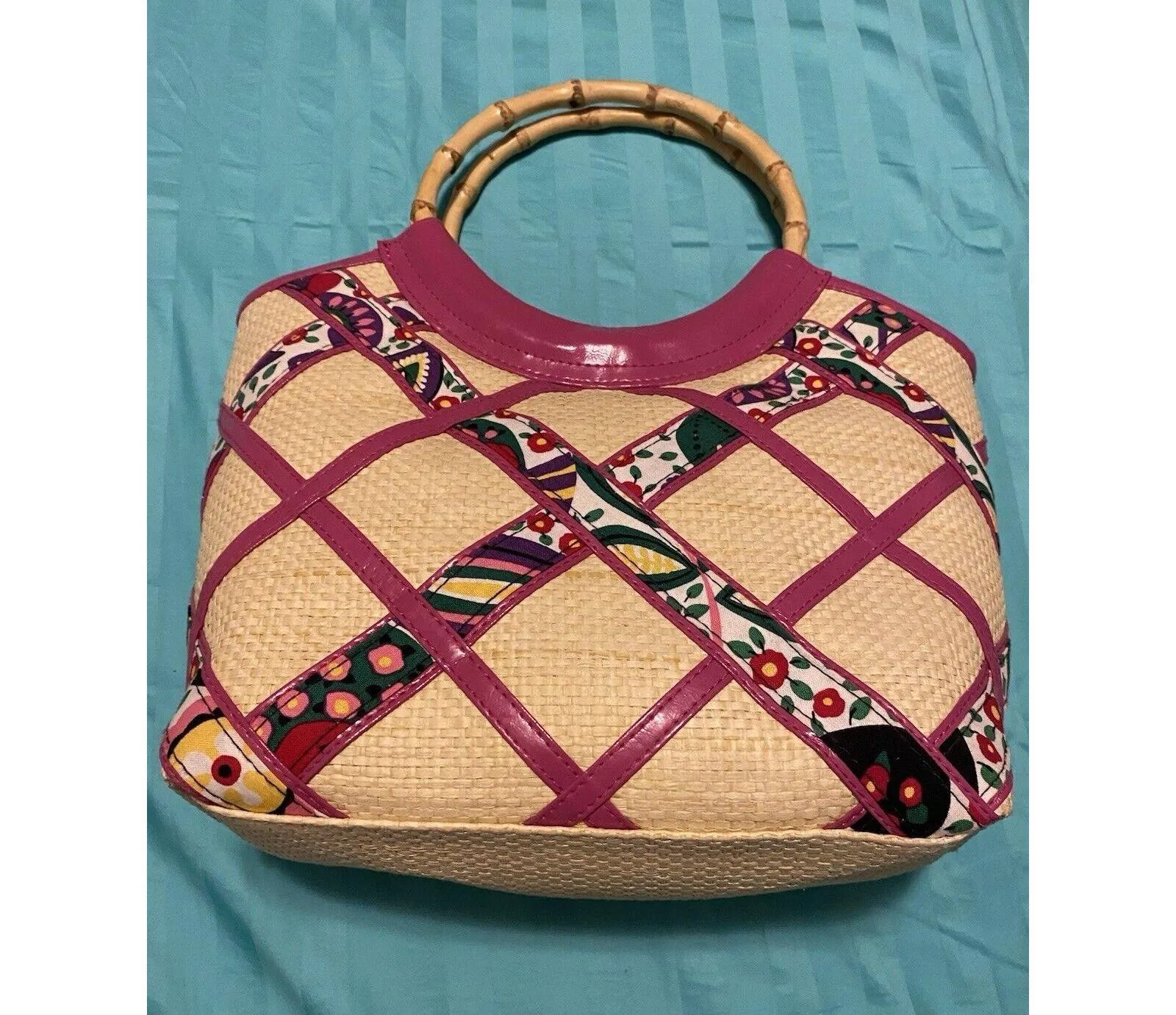 Viva La Vera Bradley Hand Bag Tote Bamboo Handle Pink Cream straw - Image 3