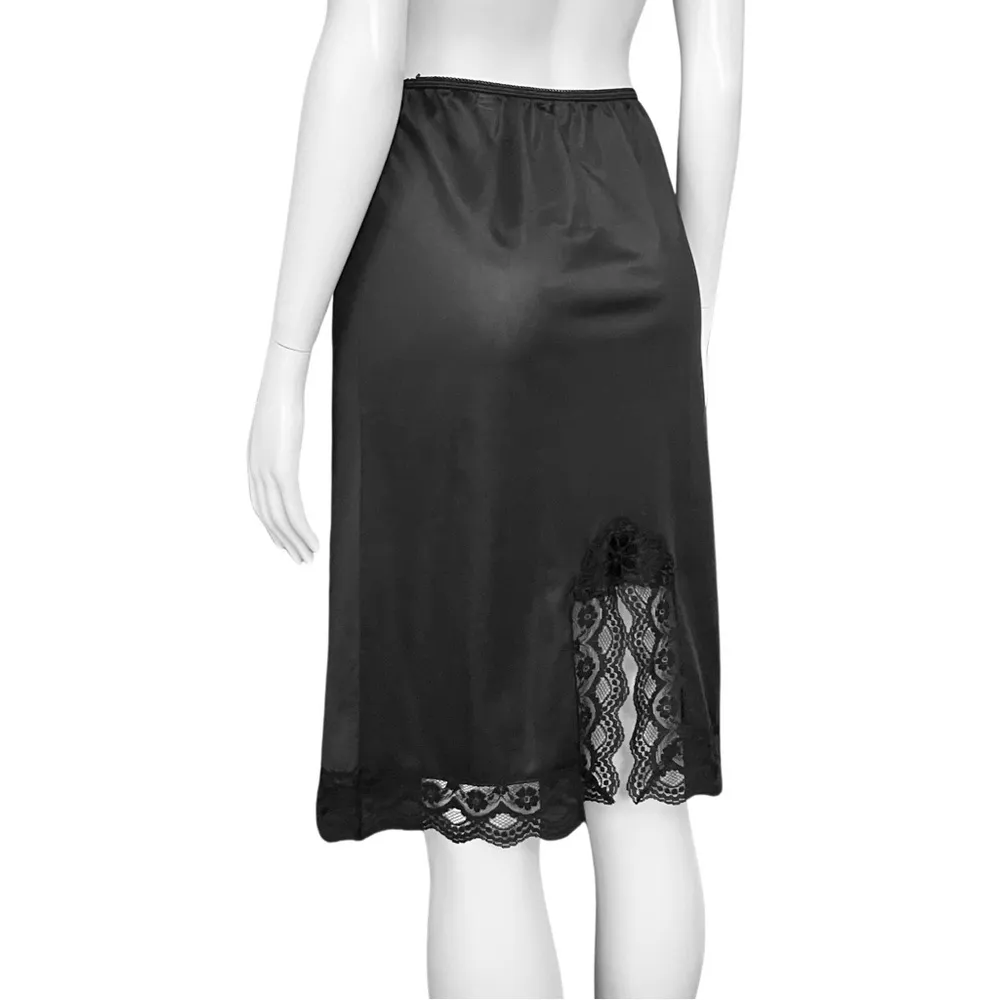 Vintage 70s Black Satin Lace Slip Skirt. XS/S. Lingerie Whimsigoth Coquette Goth - Image 5