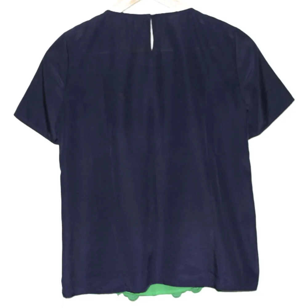 Womens J.Crew Green Navy Blue Lace Cotton Round Neck Short Sleeve Blouse Size XS - Image 2