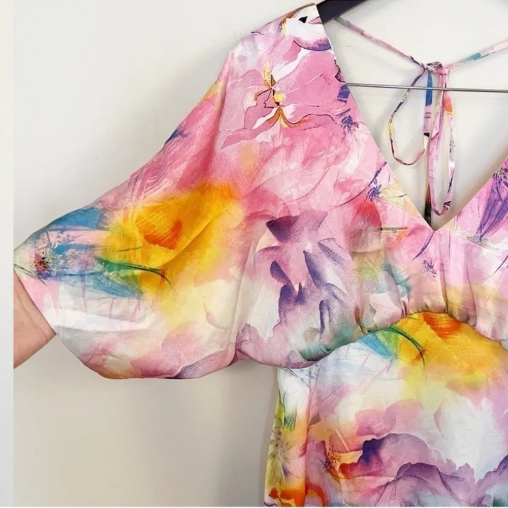 Aidan Mattox Satin Flared Short Sleeve Mini Dress Size 2 Pink Multicolor - Image 4