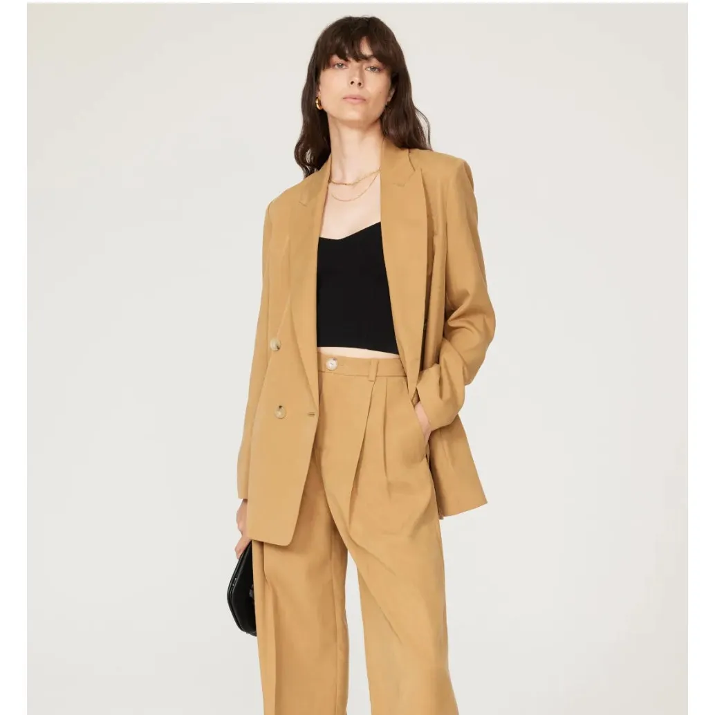 Vince Blazer‎ Womens 12 Tan Drapey Twill Jacket Double Breasted Oversized Tencel - Image 5