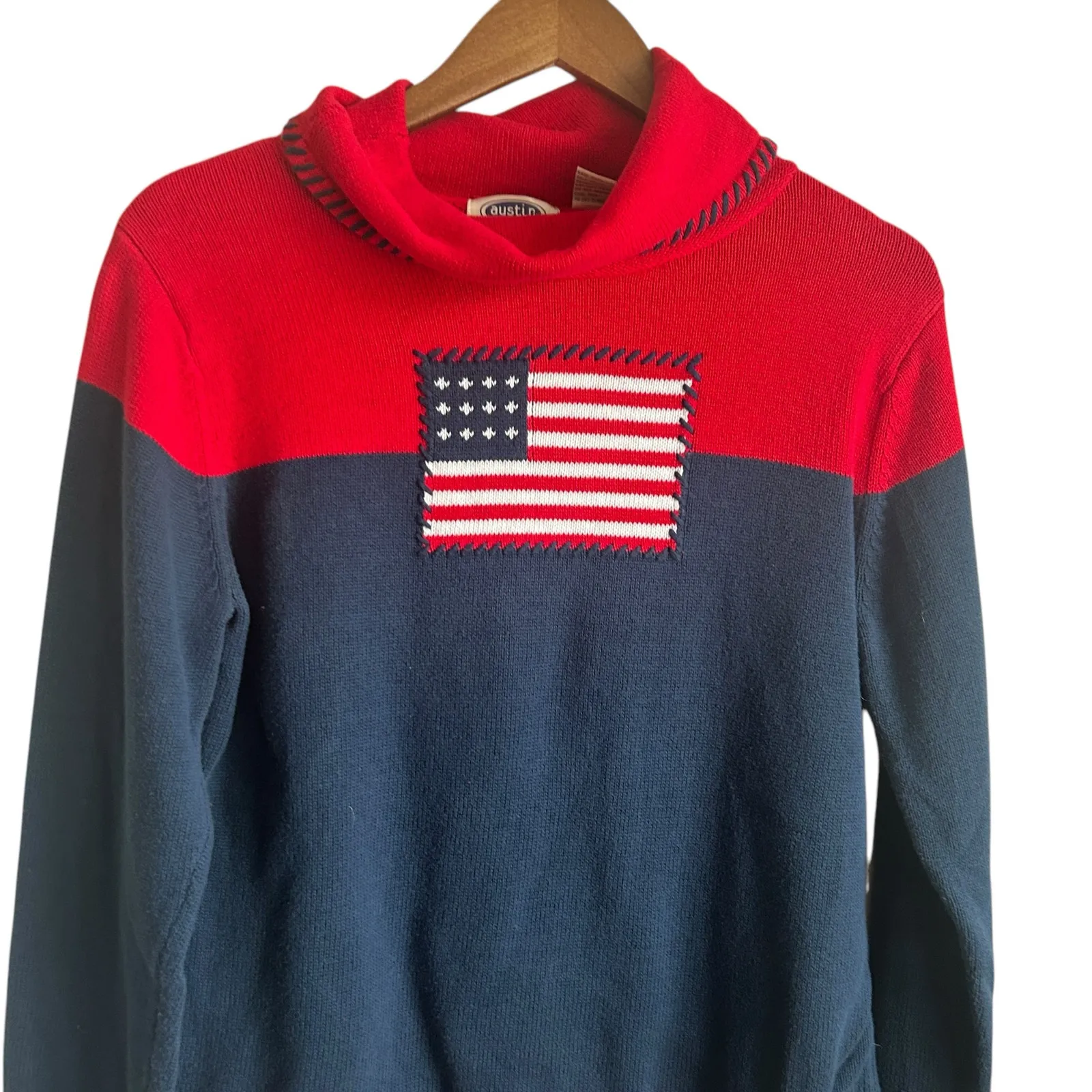 VTG Austin Clothing Women Sweater L Cowl Neck Knitted American Flag Patriotic Blue Size L - Image 8
