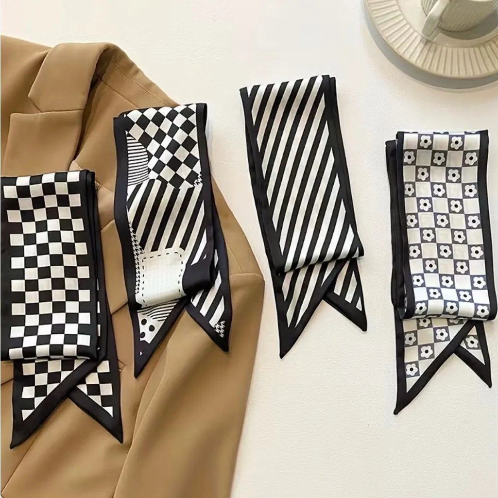 Set of 4 Black White French Style Twilly Scarves | Silk Feel Skinny Scarf | Bag - Image 2