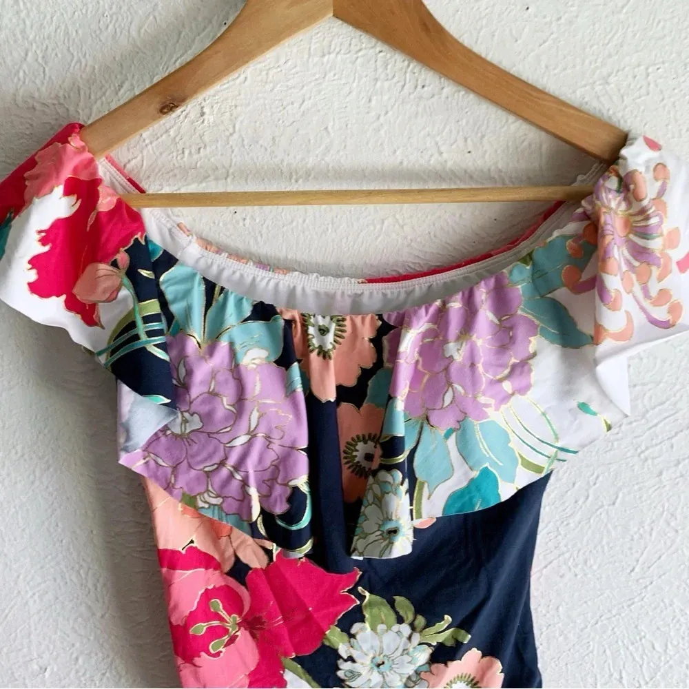 Trina Turk Royal Botanical Off-the-Shoulder One Piece Swimsuit Sz 6 - Image 3