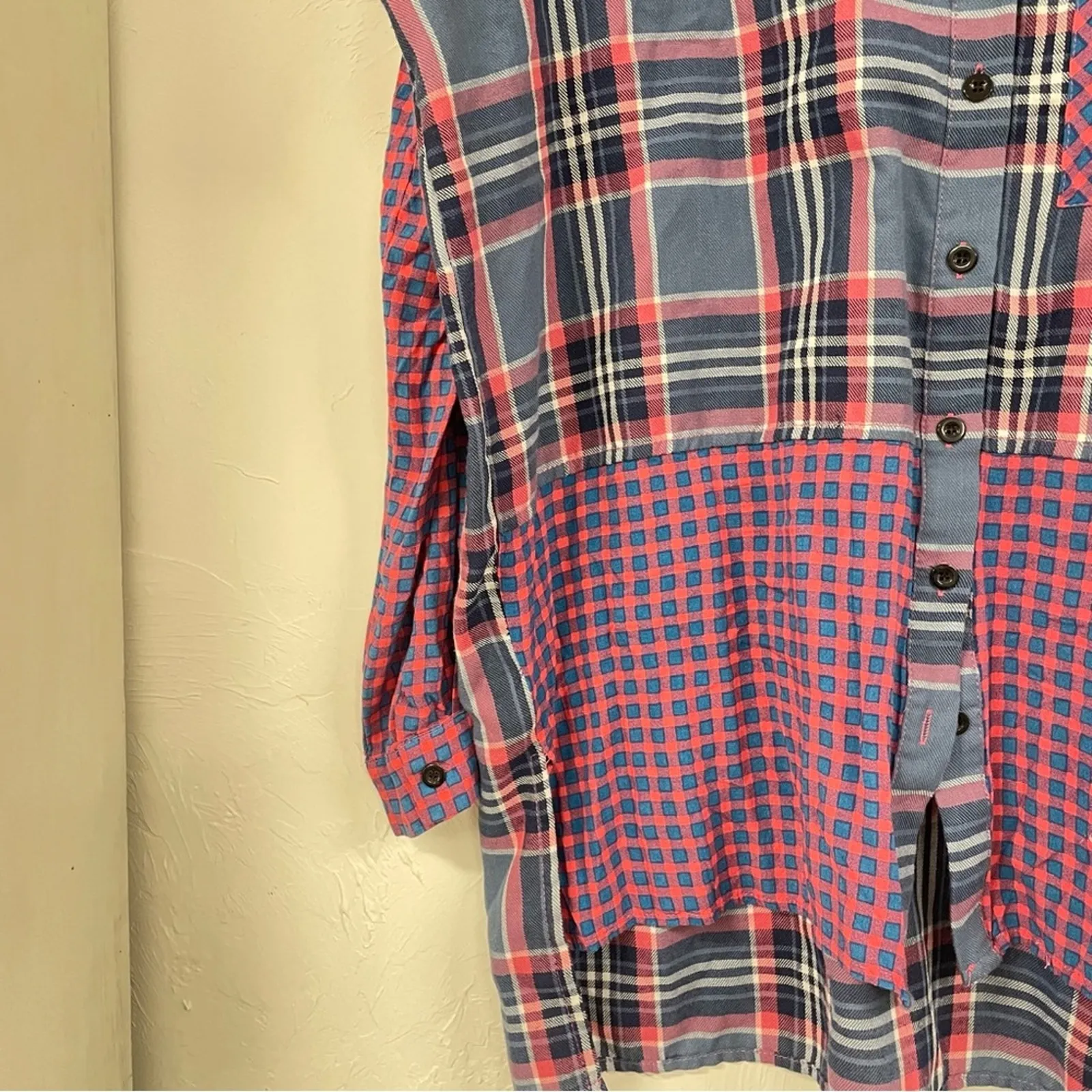 Umgee Blue & Pink Plaid Patchwork Overall Button Down Shirt Womens M Boho - Image 6