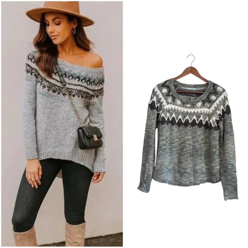 Maurices Gray Charcoal Black and White Fair Isle Print Knit Sweater - Image 2