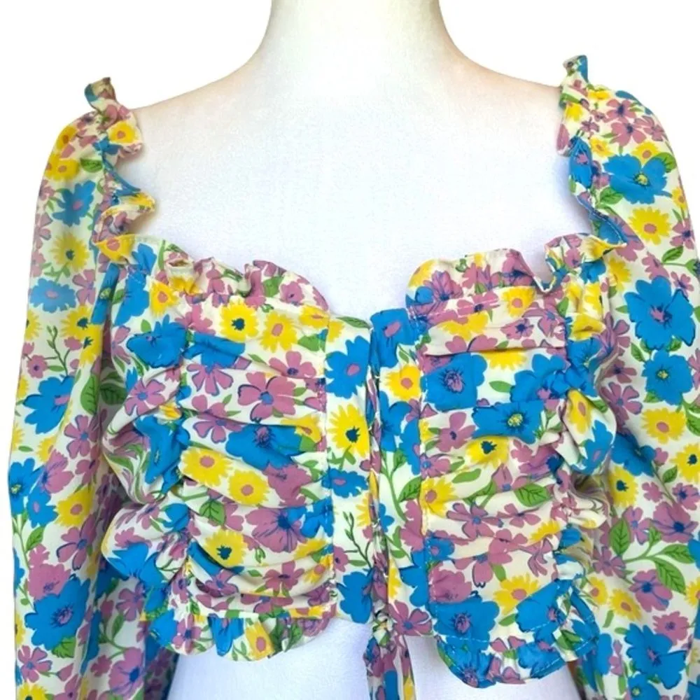 Fiestar Smocked Crop Top Front Lace Up Puff Sleeves Floral Womens Size Large NWT - Image 8