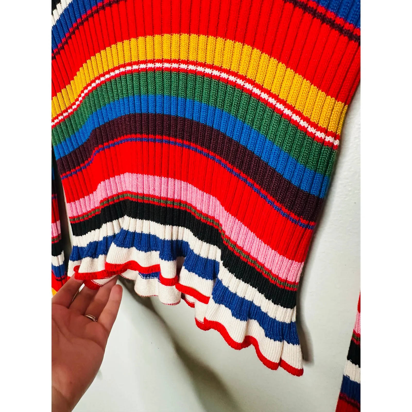 MSGM Rainbow Multicolored Striped Knit Ruffle Bell Sleeve Turtleneck Sweater XS - Image 9