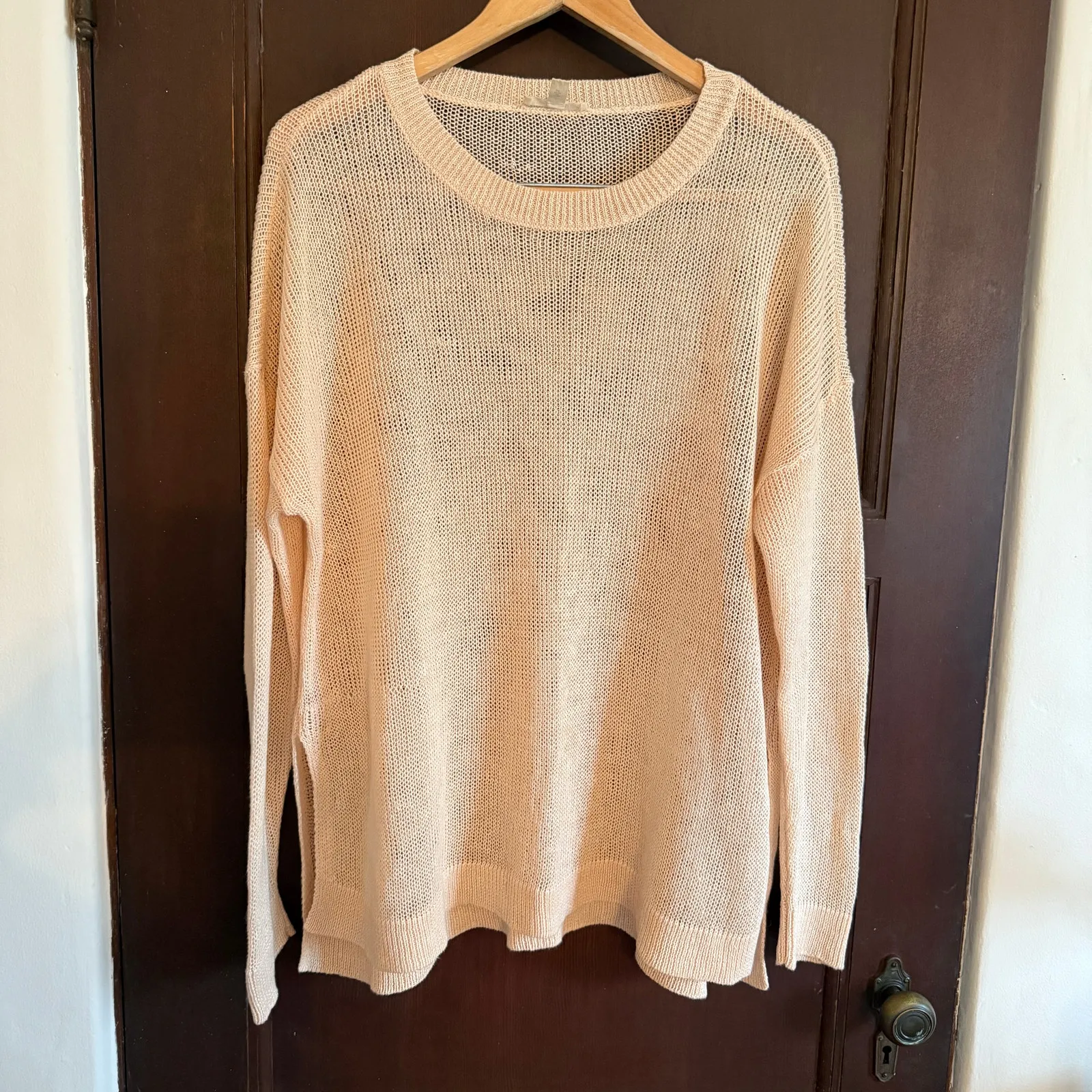 EILEEN FISHER | Cream 100% Linen Lightweight Open Weave Crewneck Sweater | Large - Image 2