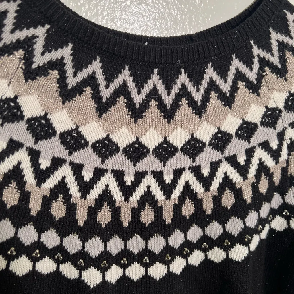 J. Jill Fair Isle Nordic Crewneck Sweater Black Sparkle S - Image 7