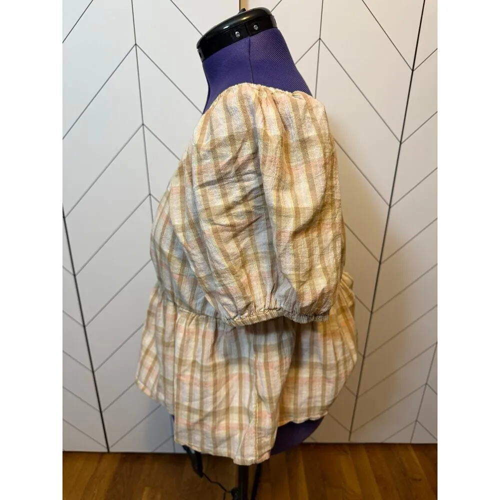 BP Women’s Plus 1X Brown Pink Plaid Puff Sleeve Peplum Top Cotttagecore Prairie - Image 2
