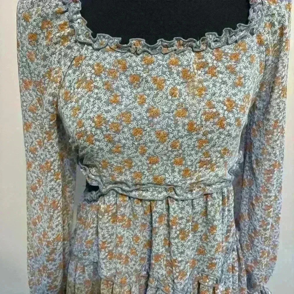 Ditsy Floral Long Sleeve Cut Outs Blue Orange Dress Ruffles Size Small - Image 3