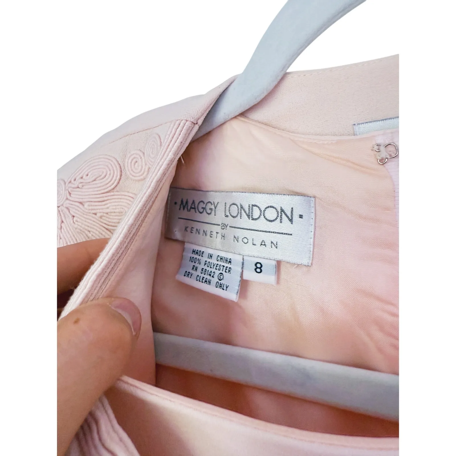 Vintage Maggy London Set Sheath Dress Jacket 8 Pink Floral Pearl Coquette Brunch - Image 4