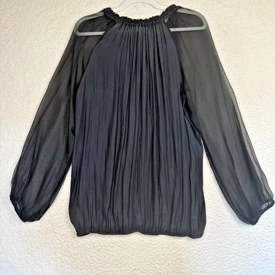 Ramy Brook Ginger Top Womens Large Pleated Sheer Long Sleeve Silk Detail Blouse - Image 2