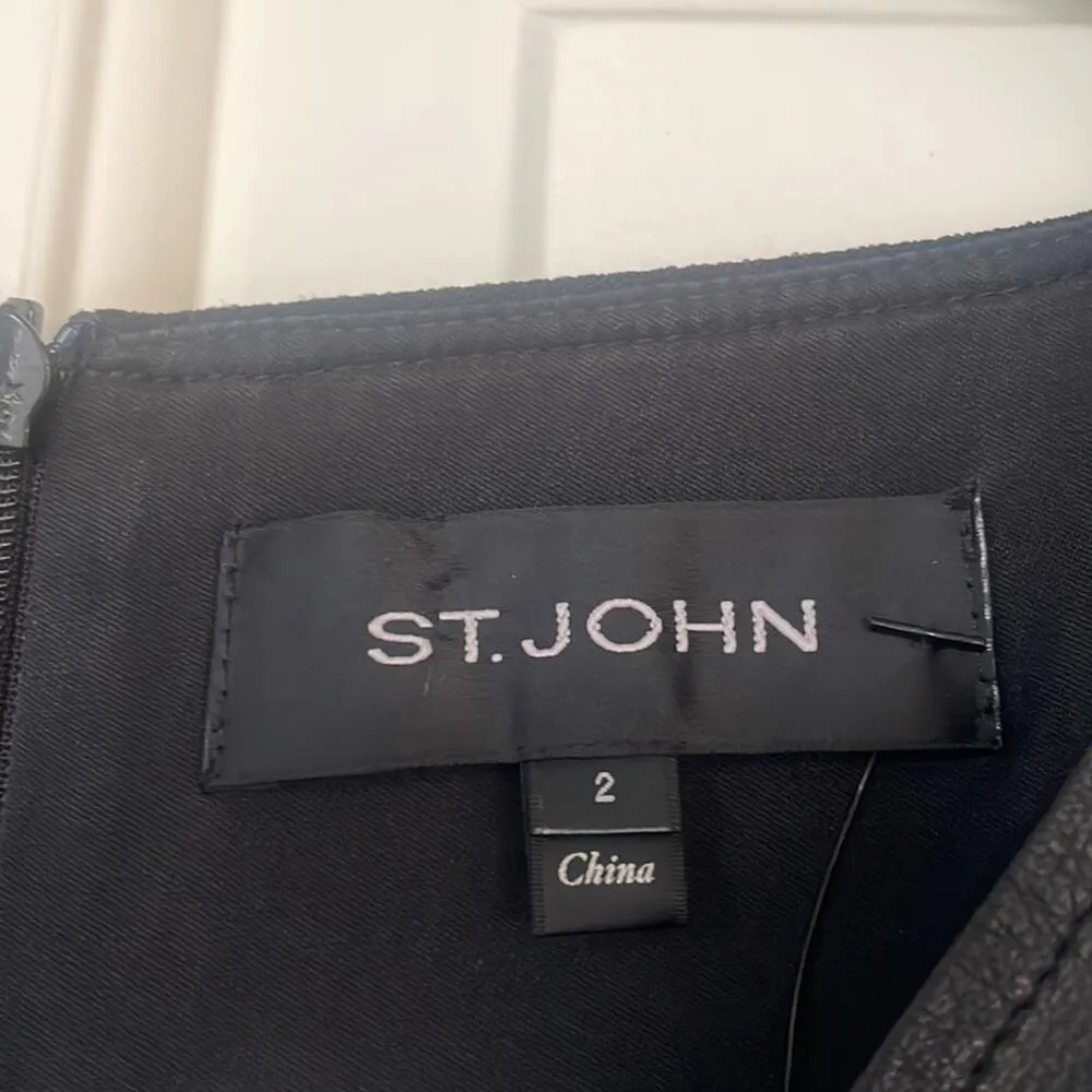 ST. JOHN $1250 Stretch Crepe Wrap Dress with Lamb Leather Trim Black Size 2 - Image 3