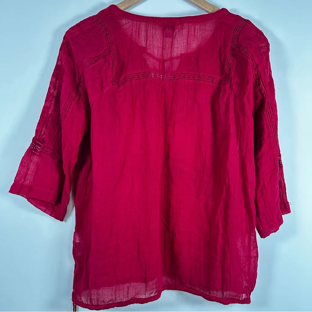 Lucky Brand Boho Ren Faire Cotton Top With Embroidery and Tasseled Drawstrings - Image 2