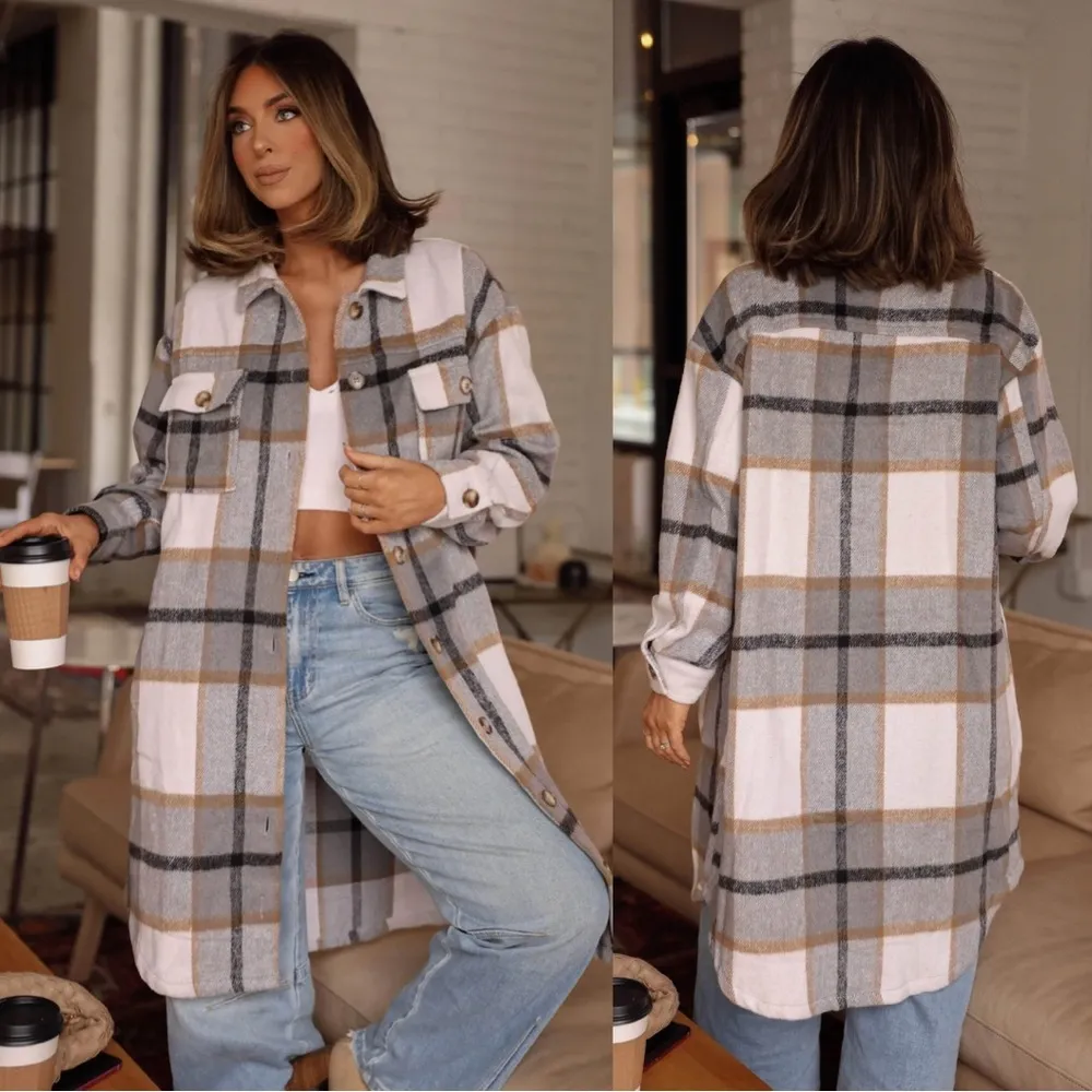 Plaid Flannel Button Long Shacket Shirt Jacket Peacoat Trench Coat Small - Image 3