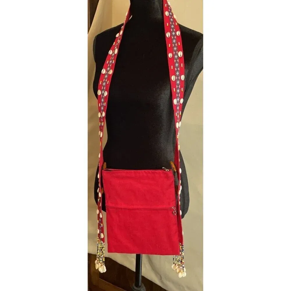 Colorful‎ Red Beaded Shells Crossbody Purse Adjustable Boho Festival Art Hippie - Image 6