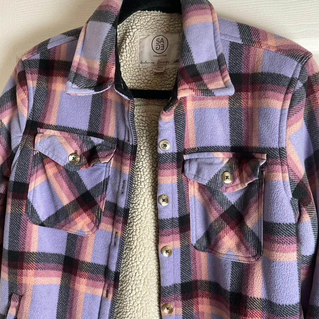 Sage Women's Long Sleeve Plaid Plush Sherpa Lined Fleece Shirt Jacket size s - Image 4