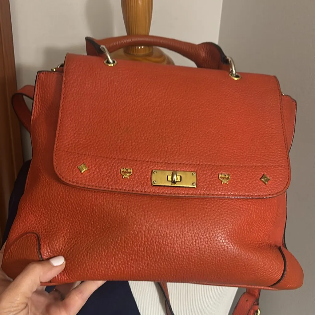 MCM Handbags Orange Leather Satchel Purse Small Tote Visetos Logo Studs Bag - Image 16