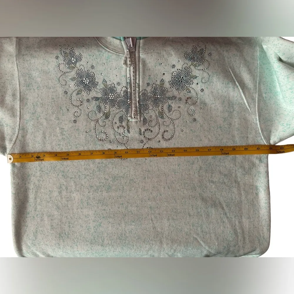 VINTAGE Rainbow Sporting Goods Large White & Aqua Splattered Floral Zip Sweater Blue - Image 7
