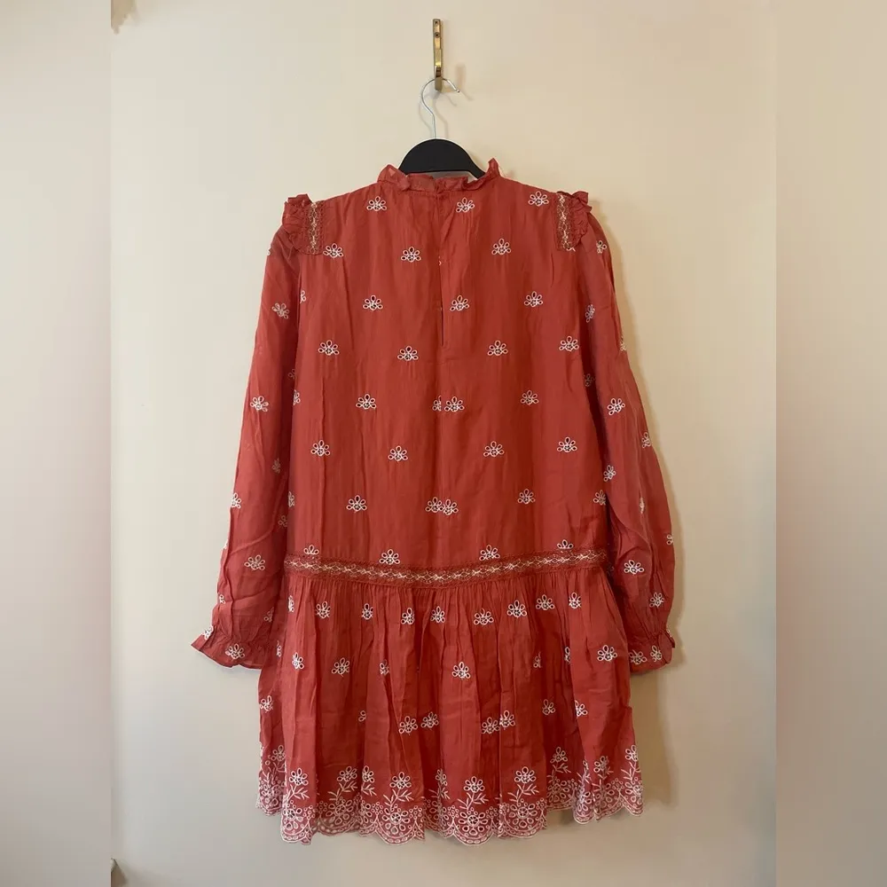 ZARA Ruffled Eyelet Embroidered Boho Long Sleeve Mini Dress in Coral Size S - Image 5