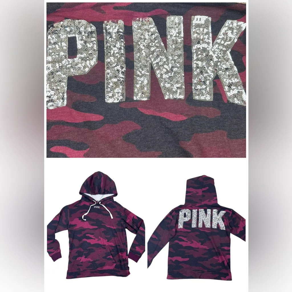 PiNK Victoria’s Secret Red Camo Sequin Sherpa Hoodie Oversized Sweatshirt XS - Image 2